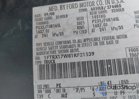 2001 Ford F-150 Lariat/Xl/Xlt из США, поврежденный, VIN 1FTRX17W81KF21539